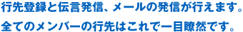 行先登録と伝言発信、メールの発信が行えます。すべてのメンバーの行き先はこれで一目瞭然です。